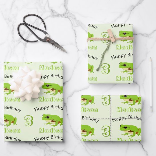 Cute Green Tree Frog Pattern Name Age Birthday Inpakpapier Vel (Voorkant)