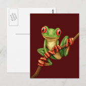 Cute Green Tree Kikker op een vertakking op Red Briefkaart (Voorkant / Achterkant)