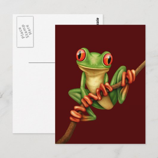 Cute Green Tree Kikker op een vertakking op Red Briefkaart (Voorkant / Achterkant)