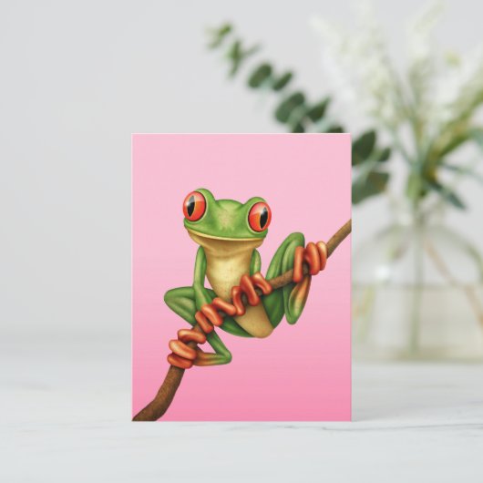 Cute Green Tree Kikker op een vertakking op Roze Briefkaart (Staand voorkant)