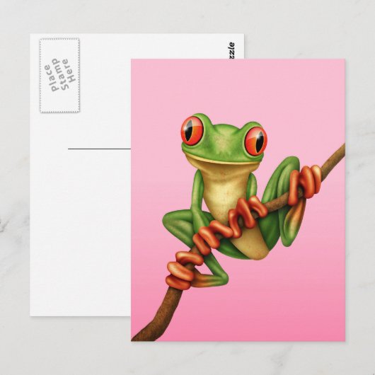 Cute Green Tree Kikker op een vertakking op Roze Briefkaart (Voorkant / Achterkant)