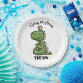 Cute Green Tree Rex Dino lights Merry kerst Papieren Bordje (Feest)