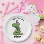 Cute Green Tree Rex Dino lights Merry kerst Papieren Bordje (Feest)