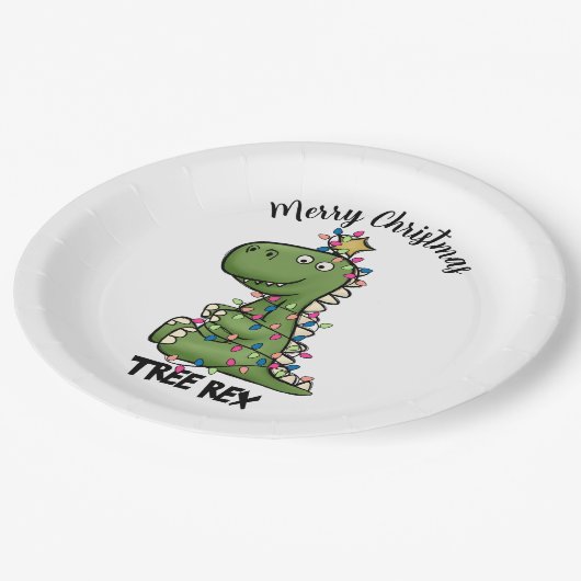 Cute Green Tree Rex Dino lights Merry kerst Papieren Bordje (Gekanteld)