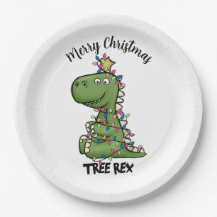 Cute Green Tree Rex Dino lights Merry kerst Papieren Bordje