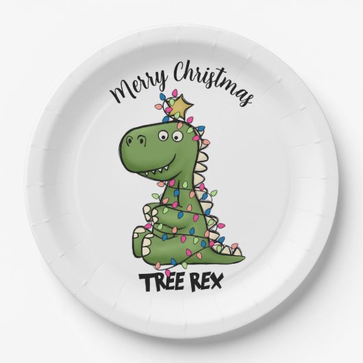 Cute Green Tree Rex Dino lights Merry kerst Papieren Bordje (Voorkant)