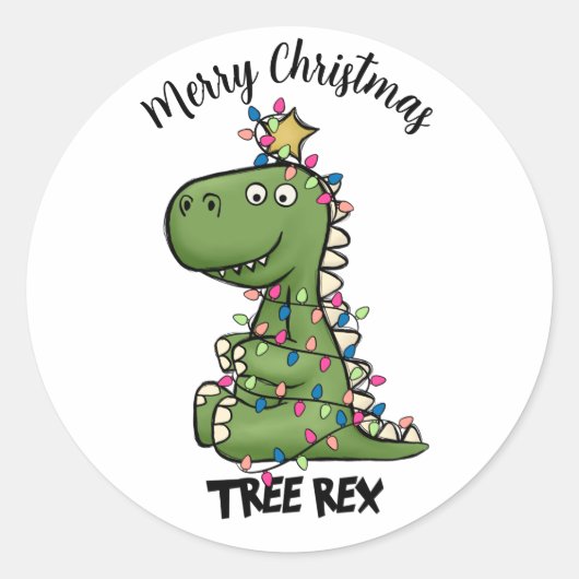 Cute Green Tree Rex Dino lights Merry kerst Ronde Sticker (Voorkant)