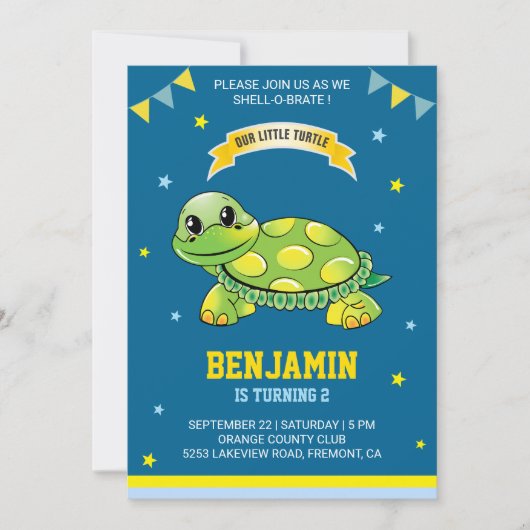 Cute Green Turtle Kids Birthday Party Invitation Kaart (Voorkant)