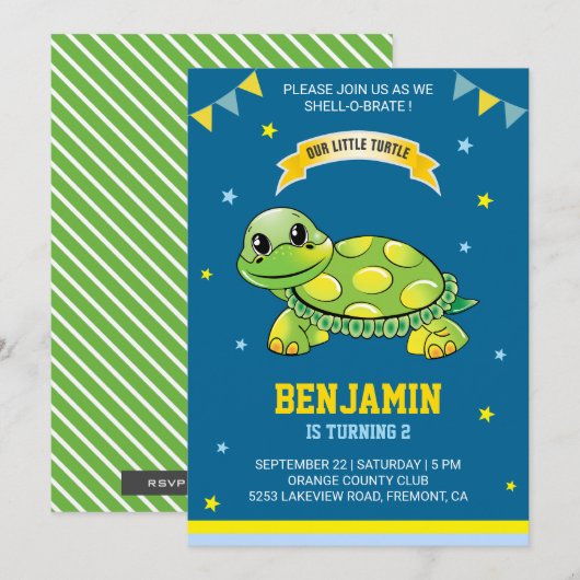 Cute Green Turtle Kids Birthday Party Invitation Kaart (Voorkant / Achterkant)