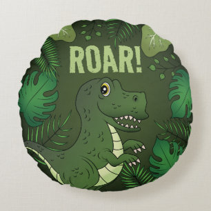 Cute Green Tyrannosaurus Rex Dinosaur & Roar Text Rond Kussen