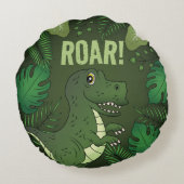 Cute Green Tyrannosaurus Rex Dinosaur & Roar Text Rond Kussen (Achterkant)