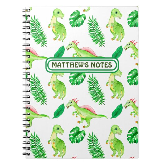 Cute Green Waterverf Oerwoud Dinosaur Pattern Notitieboek (Voorkant)