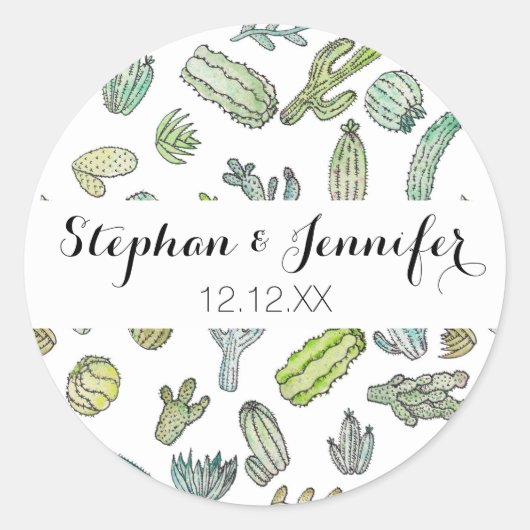 Cute Green Waterverf Paint Summer Cactus Pattern Ronde Sticker (Voorkant)