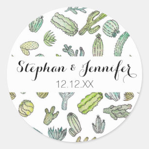 Cute Green Waterverf Paint Summer Cactus Pattern Ronde Sticker
