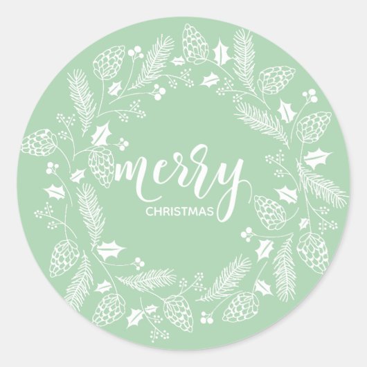 Cute Green & White Pine and Holly Kerstmis Ronde Sticker (Voorkant)