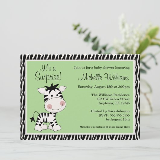 Cute Green Zebra Gender Neutral Baby shower Kaart (Staand voorkant)