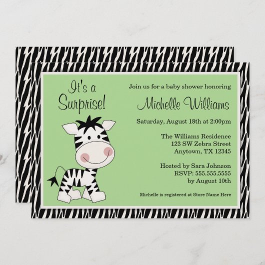 Cute Green Zebra Gender Neutral Baby shower Kaart (Voorkant / Achterkant)