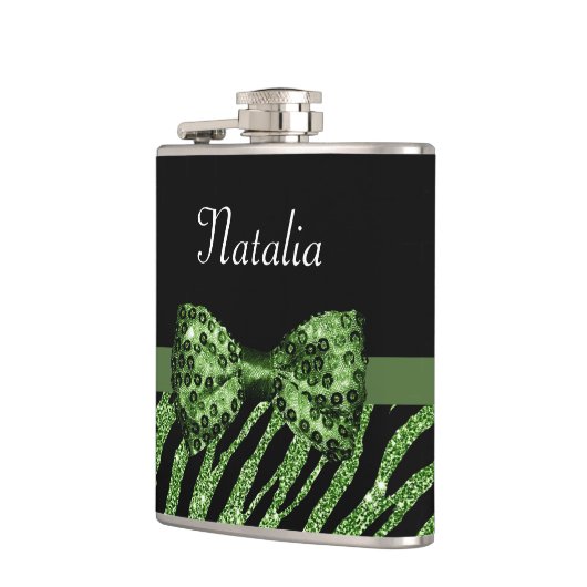 Cute Green Zebra Print FAUX Glitz Bow met naam Heupfles (Links)