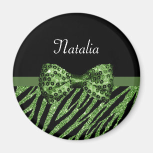 Cute Green Zebra Print FAUX Glitz Bow met naam Magneet