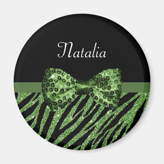 Cute Green Zebra Print FAUX Glitz Bow met naam Magneet (Voorkant)