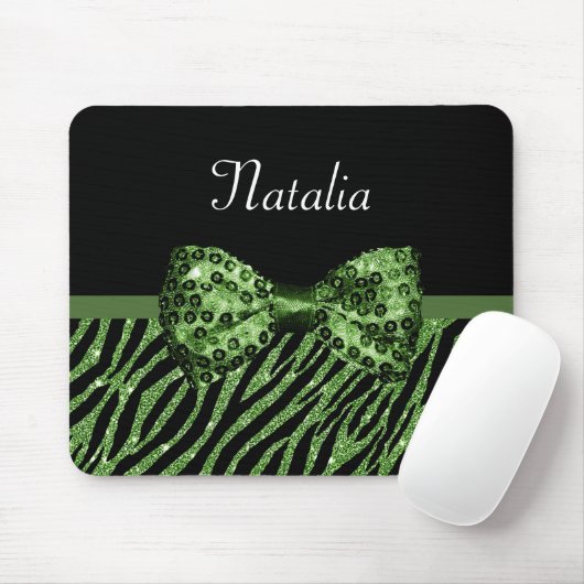 Cute Green Zebra Print FAUX Glitz Bow met naam Muismat (Met muis)
