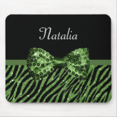 Cute Green Zebra Print FAUX Glitz Bow met naam Muismat (Voorkant)