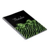 Cute Green Zebra Print FAUX Glitz Bow met naam Notitieboek (Rechterzijde)