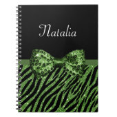 Cute Green Zebra Print FAUX Glitz Bow met naam Notitieboek (Voorkant)