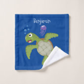 Cute green zee schildpad happy cartoon illustratie bad handdoek (Wasdoekje)