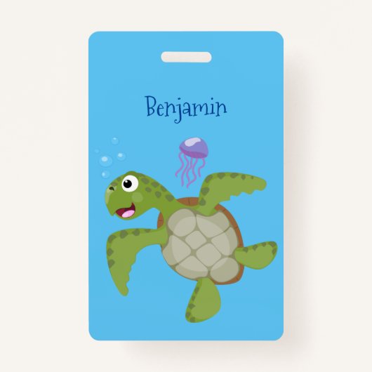 Cute green zee schildpad happy cartoon illustratie badge (Voorkant)