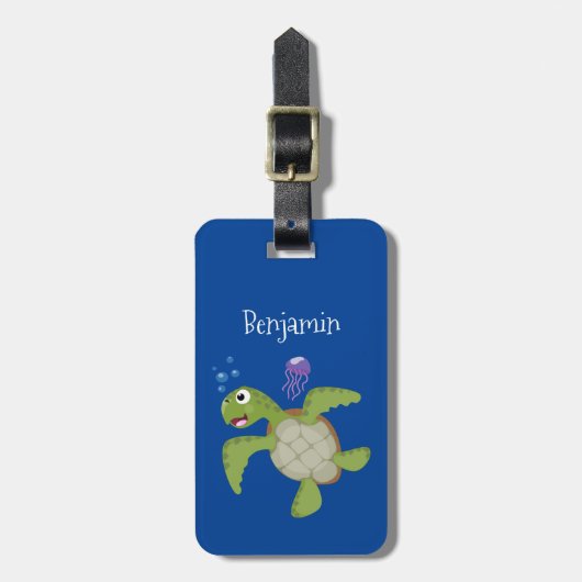 Cute green zee schildpad happy cartoon illustratie bagagelabel (Voorkant verticaal)