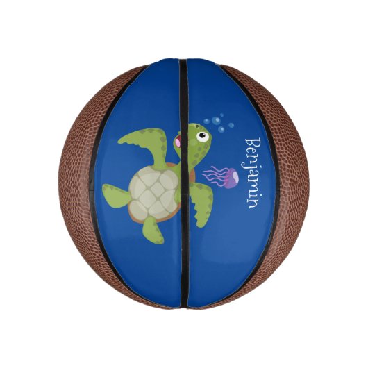 Cute green zee schildpad happy cartoon illustratie basketbal (Verticaal)