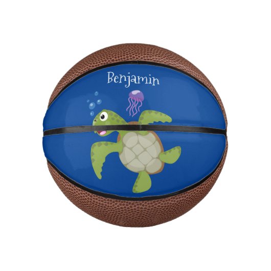Cute green zee schildpad happy cartoon illustratie basketbal (Voorkant)