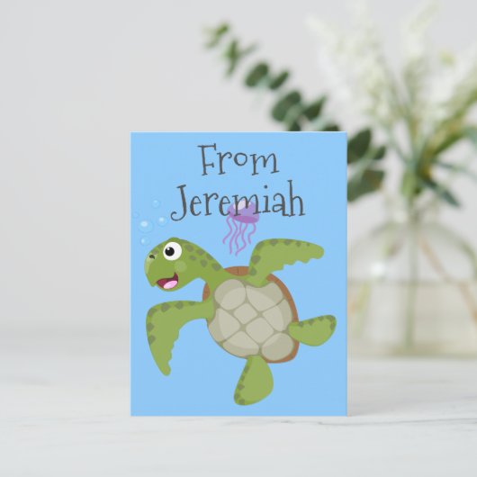 Cute green zee schildpad happy cartoon illustratie briefkaart (Staand voorkant)