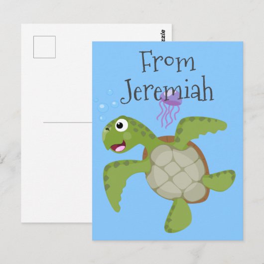 Cute green zee schildpad happy cartoon illustratie briefkaart (Voorkant / Achterkant)