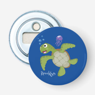 Cute green zee schildpad happy cartoon illustratie button flesopener