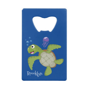 Cute green zee schildpad happy cartoon illustratie creditkaart flessenopener