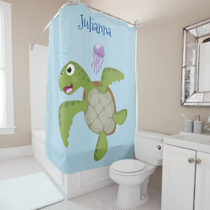 Cute green zee schildpad happy cartoon illustratie douchegordijn
