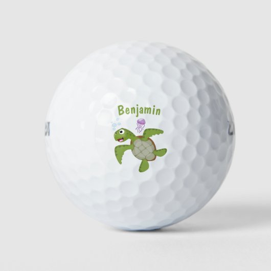 Cute green zee schildpad happy cartoon illustratie golfballen (Voorkant)