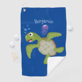 Cute green zee schildpad happy cartoon illustratie golfhanddoek (Insitu)