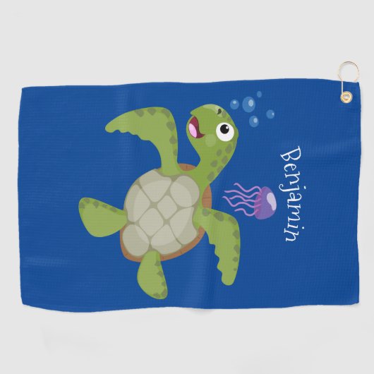 Cute green zee schildpad happy cartoon illustratie golfhanddoek (Horizontaal)