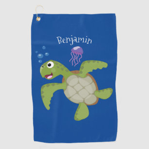 Cute green zee schildpad happy cartoon illustratie golfhanddoek