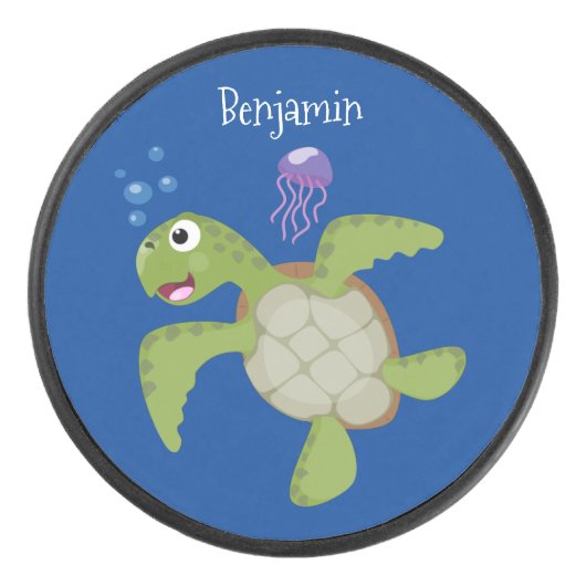 Cute green zee schildpad happy cartoon illustratie hockey puck (Voorkant)