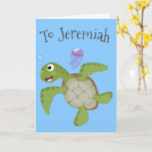 Cute green zee schildpad happy cartoon illustratie kaart (Gele Bloem)