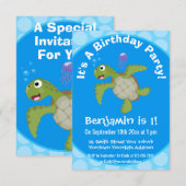 Cute green zee schildpad happy cartoon illustratie kaart (Voorkant / Achterkant)