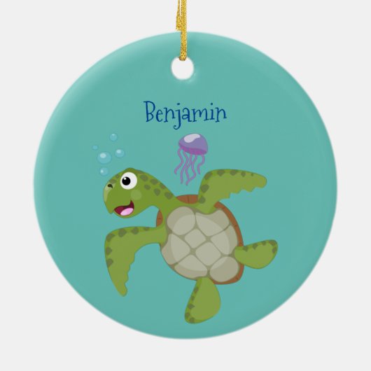 Cute green zee schildpad happy cartoon illustratie keramisch ornament (Achterkant)