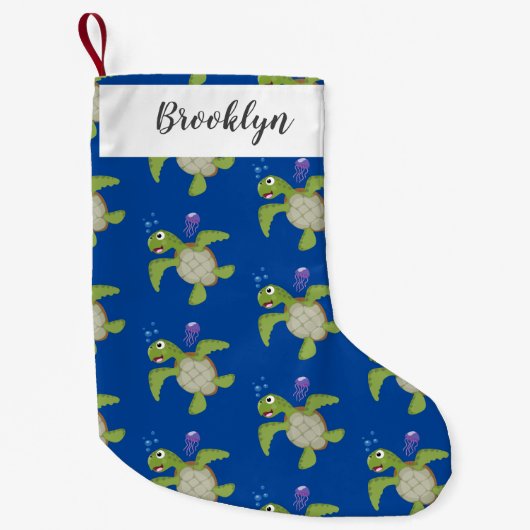 Cute green zee schildpad happy cartoon illustratie kleine kerstsok (Voorkant)