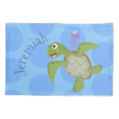 Cute green zee schildpad happy cartoon illustratie kussensloop (Achterkant)