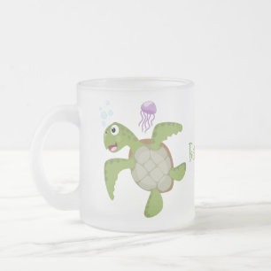 Cute green zee schildpad happy cartoon illustratie matglas koffiemok