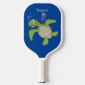 Cute green zee schildpad happy cartoon illustratie pickleball paddle (Achterkant)